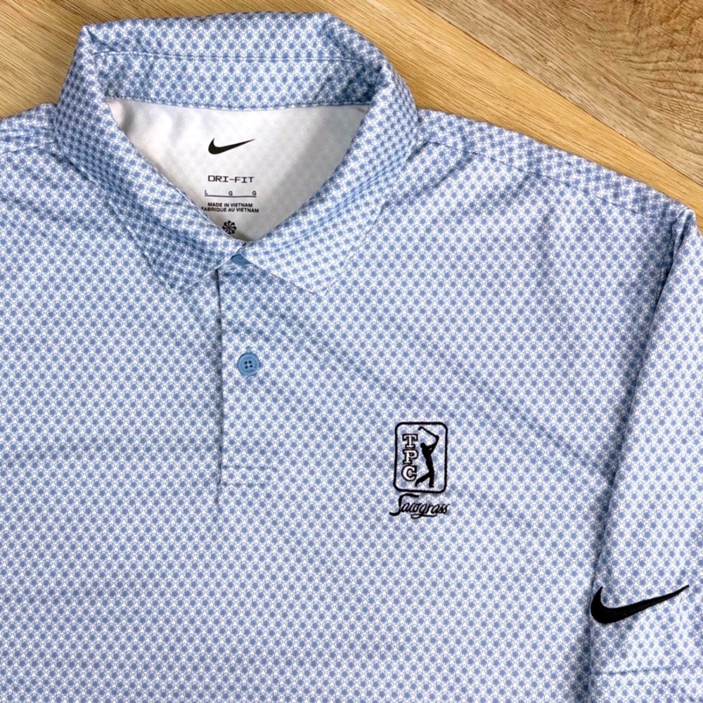 Nike "TPC Sawgrass" Golf Polo Mens L Blue Ponte Vedra Beach EUC